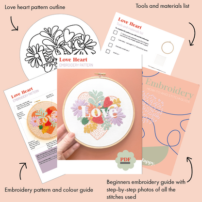 Love Heart Embroidery Pattern Digital Download PDF